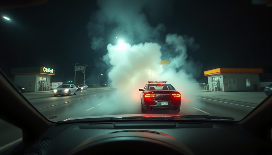 Dashboard cam captures police pursuit with smoke and vehicle.