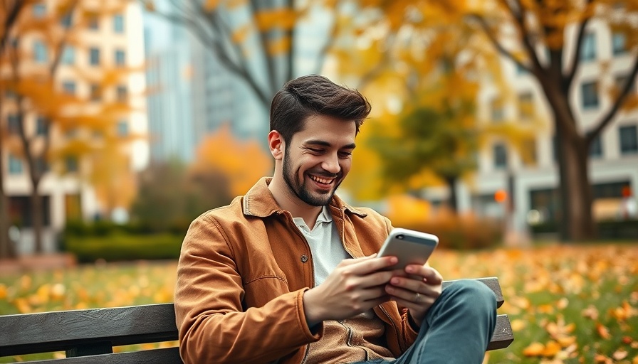 Young man smiling at smartphone, autumn park bench setting