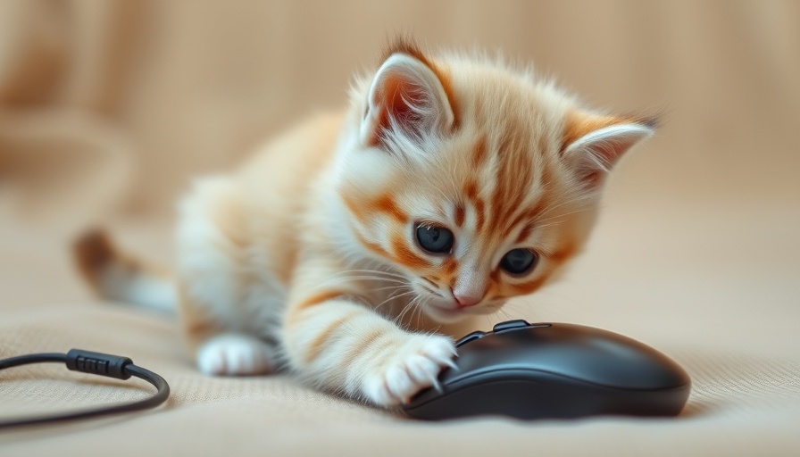 Fluffy kitten playing with a computer mouse, soft natural scene.