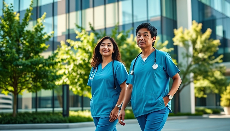 Healthcare workers exiting hospital, California Medicaid immigrants concept.