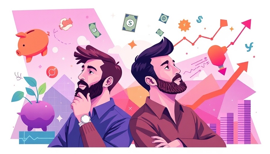 Abstract illustration symbolizing AI tools for productivity with men and financial icons.