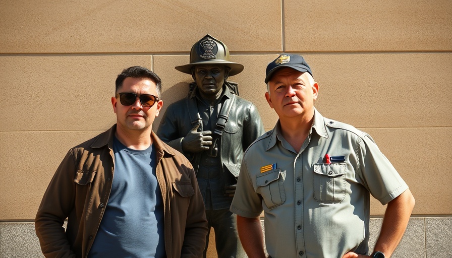 Two men with firefighter statue at 9/11 memorial community trust.