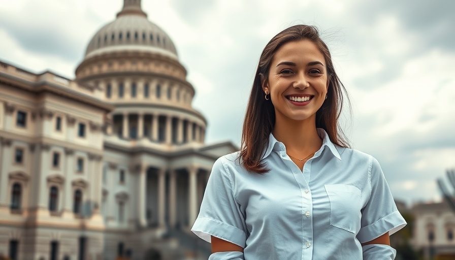Young woman smiling near Capitol, highlighting wind energy demand.