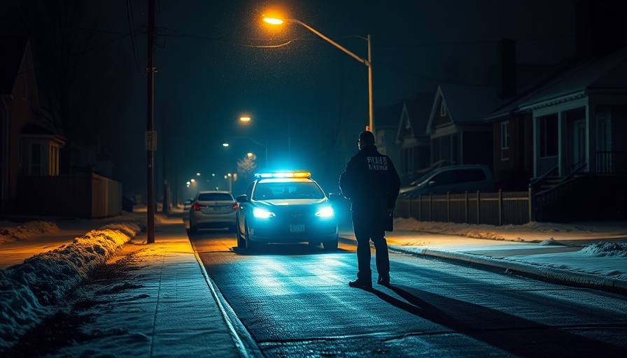 Police officer near car at night, snowy street.