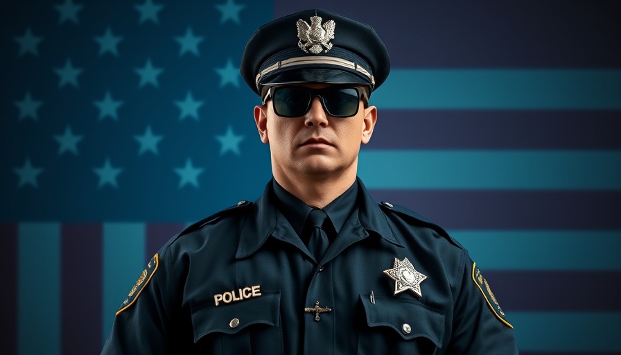 Imposing police officer with patriotic flag background, highlighting officer safety.