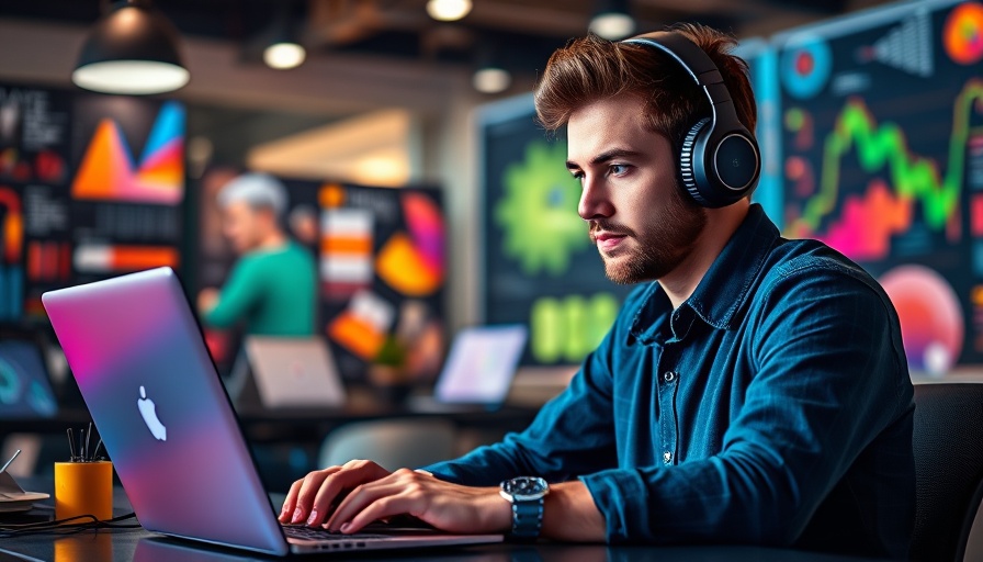 Confident young man working on laptop with Facebook icons, Facebook marketing for veterinary clinics