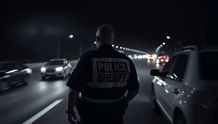 Police officer safety at night, highway scene with fast cars.