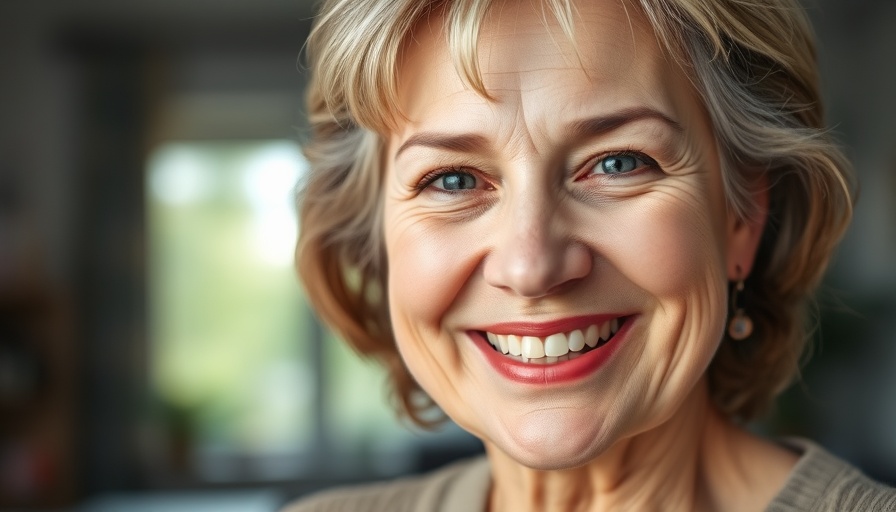 Middle-aged woman smiling warmly in a bright indoor setting.
