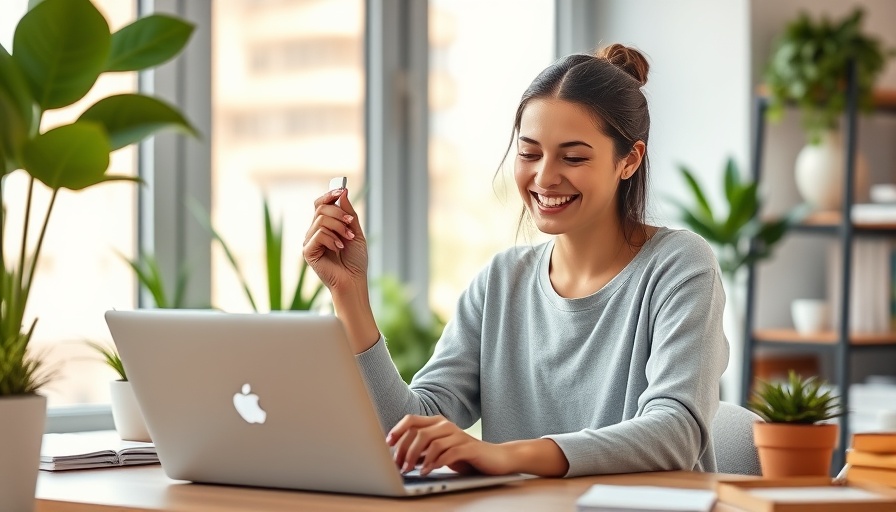 Content batching for social media: Woman smiling at phone and laptop.