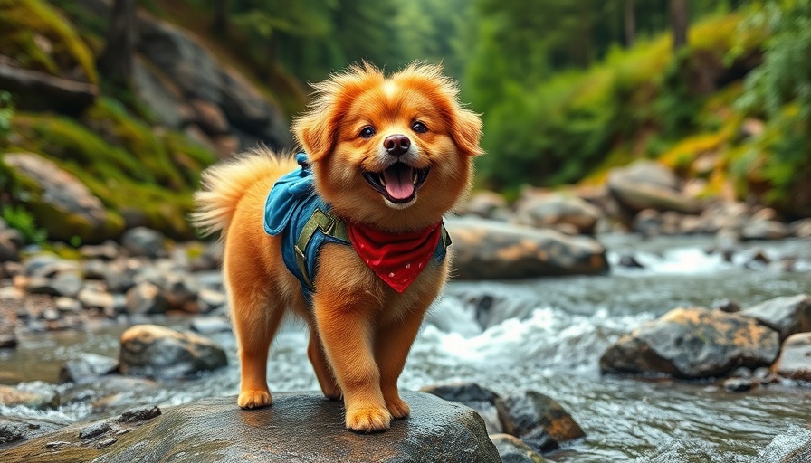 Fluffy brown dog with red bandana near forest stream.