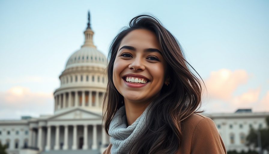 Smiling young woman in front of U.S. Capitol; analyzing Trump attacks on Fed.