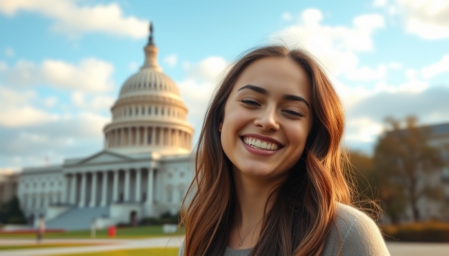 Young woman smiling in front of Capitol building, cloudy sky.