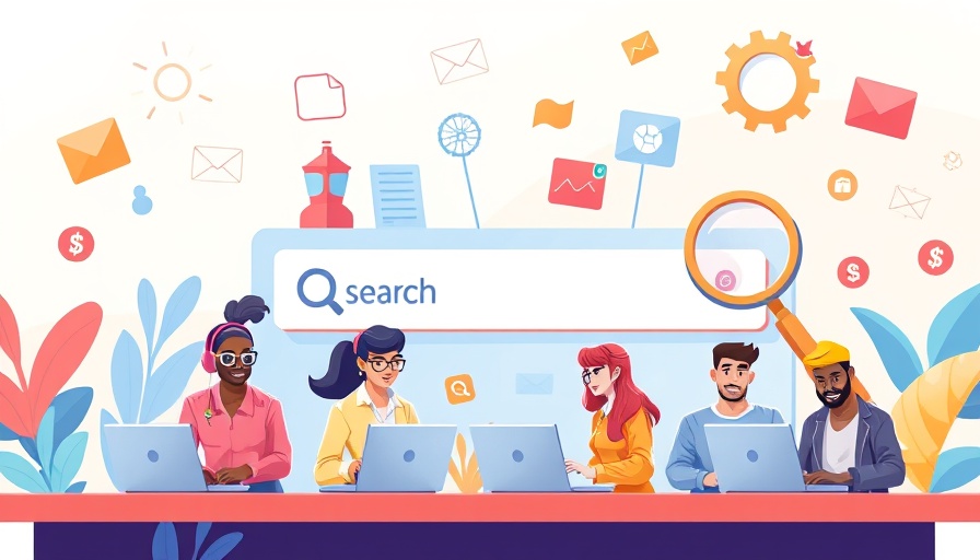Illustration of search engines with diverse professionals and digital elements.