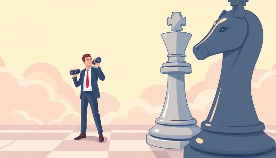Cartoon of a man using binoculars from a chess piece, symbolizing Competitor Analysis in Local SEO.