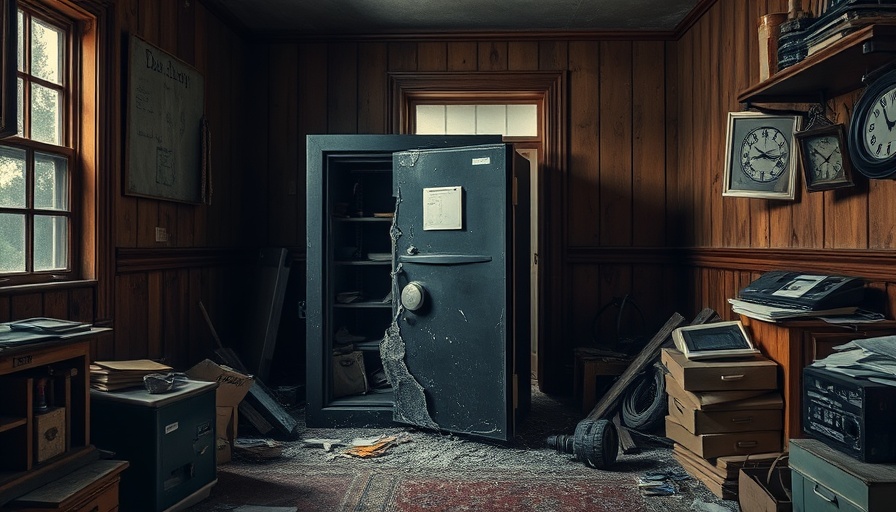 Broken safe in cluttered room; evidence of forced entry, police news.