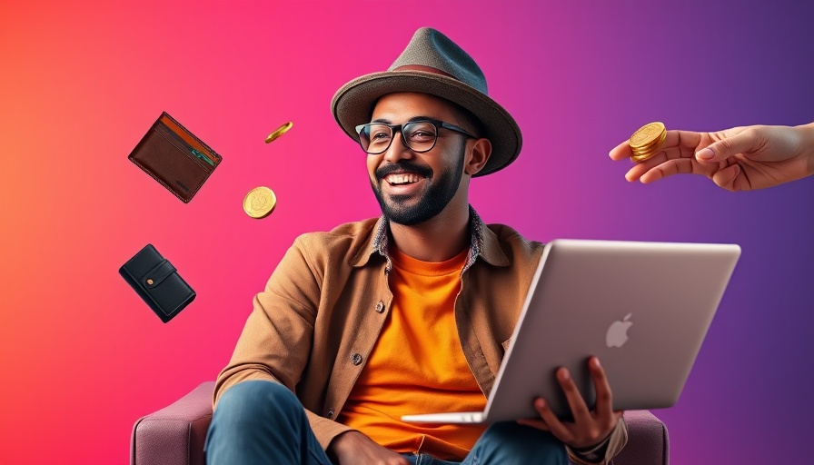 Marketing concept illustration with smiling man and digital elements