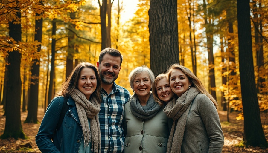 Happy family enjoying time in a forest, promoting wellness.