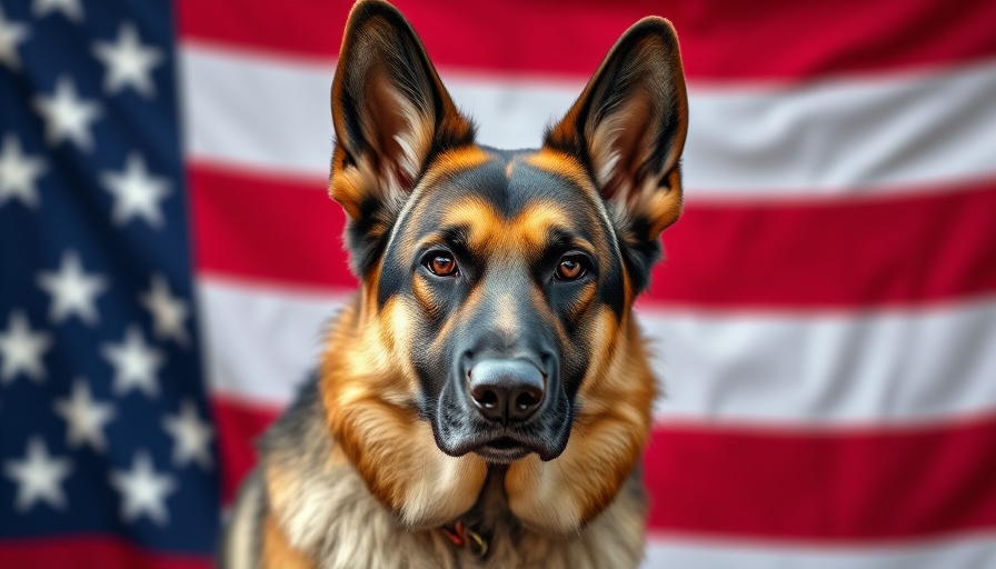 German Shepherd with American flag backdrop, highlighting K-9 officer safety.