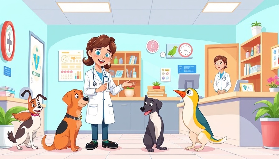 Veterinary clinic cartoon scene for Veterinary Receptionist Week
