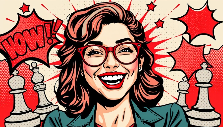 B2B Marketing Humor with a comic-style woman and vibrant graphics.