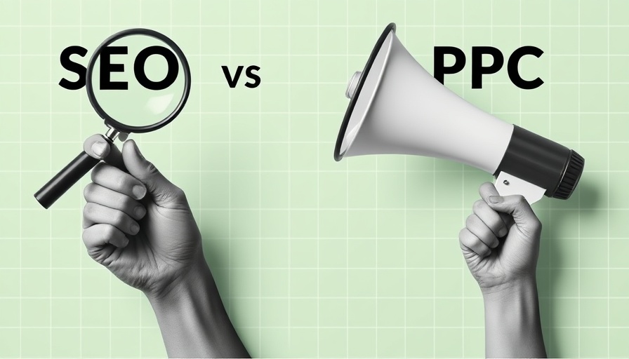 SEO vs PPC for MedSpa: Magnifying glass vs megaphone on grid.