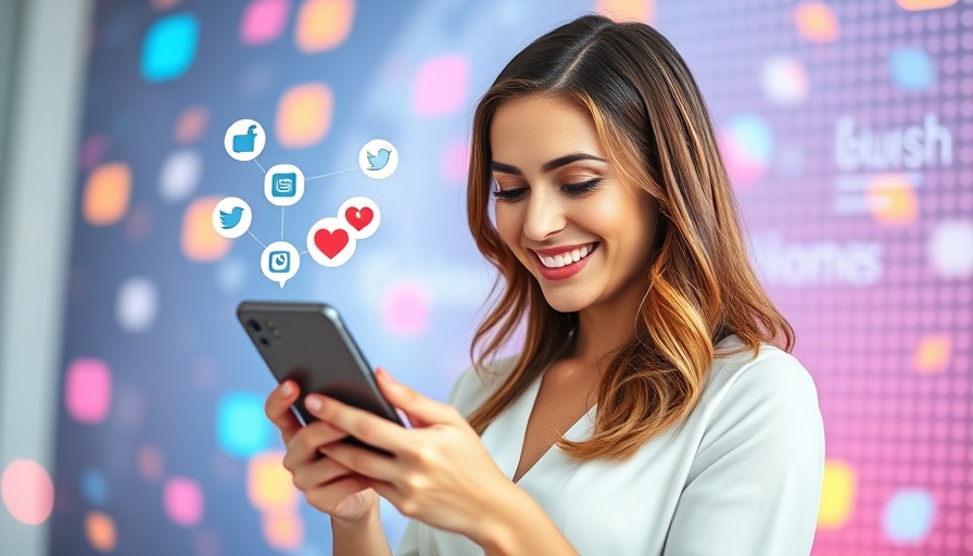 Social media engagement visual with woman and icons.