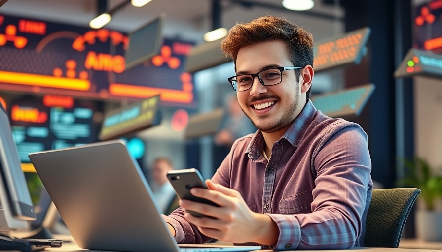 Confident young man in a tech workspace using laptop and phone, AI agents for veterinary clinics.