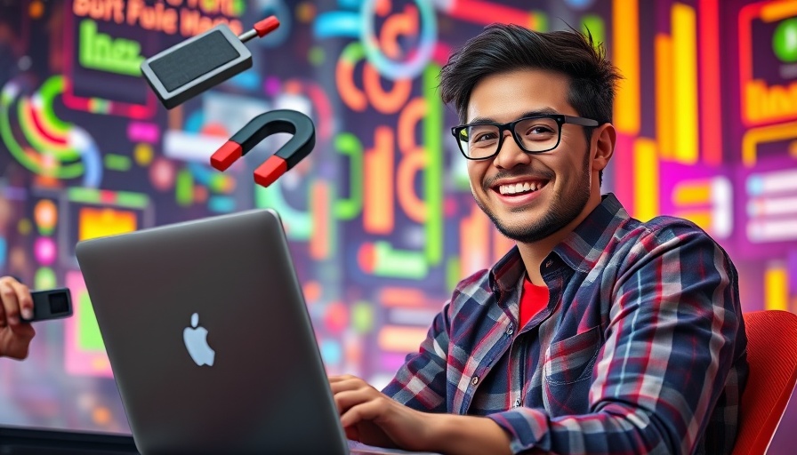 Young man using laptop in a vibrant tech environment, AI agents for business concept.