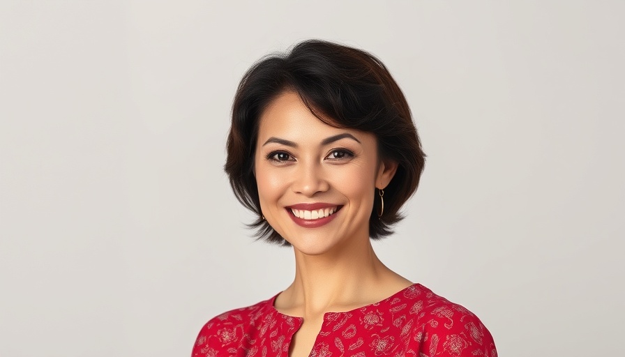 Confident woman smiling in red blouse, neutral background