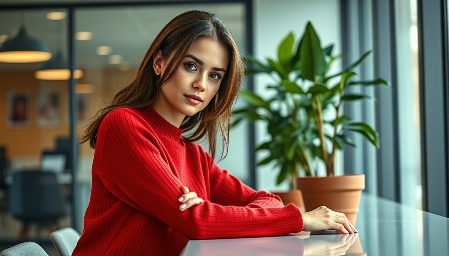 Confident woman in modern corporate setting, red sweater, soft light.