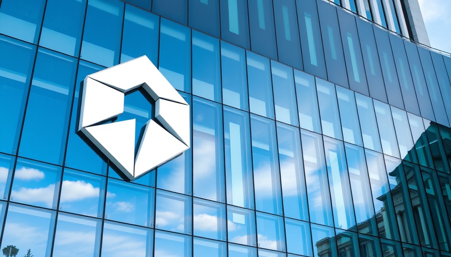 Reflective building facade with geometric logo reflecting sky.
