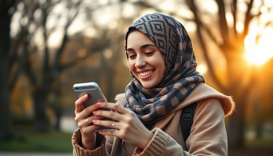 Young woman smiling with phone in park, Instagram Edits for MedSpa Marketing.