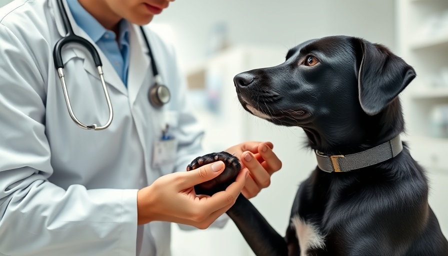 Veterinarian using pain assessment tools on a black dog in a clinic.
