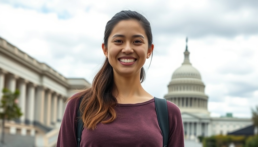 Smiling young woman with background of government building, strategic hiring for MedSpas.