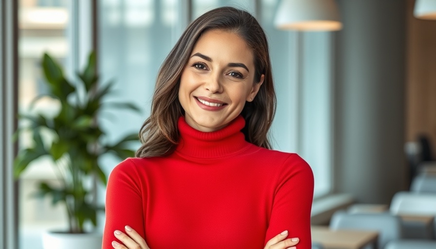 Confident woman in red, posing indoors, next-gen EV battery technology