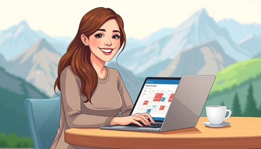 Woman using laptop with MedSpa social media calendar, cartoon style.