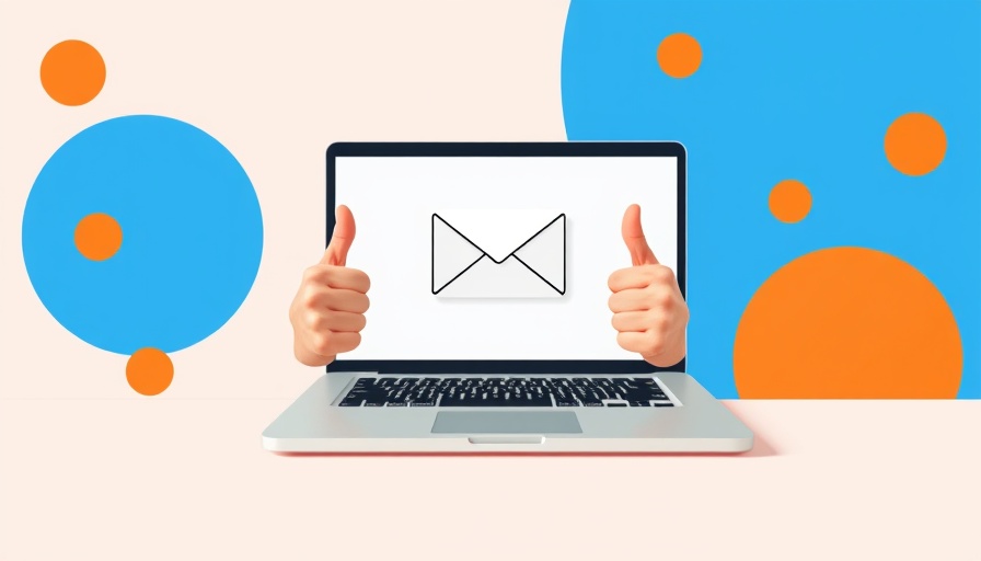 Creative illustration of email marketing with laptop and envelope, thumbs up.