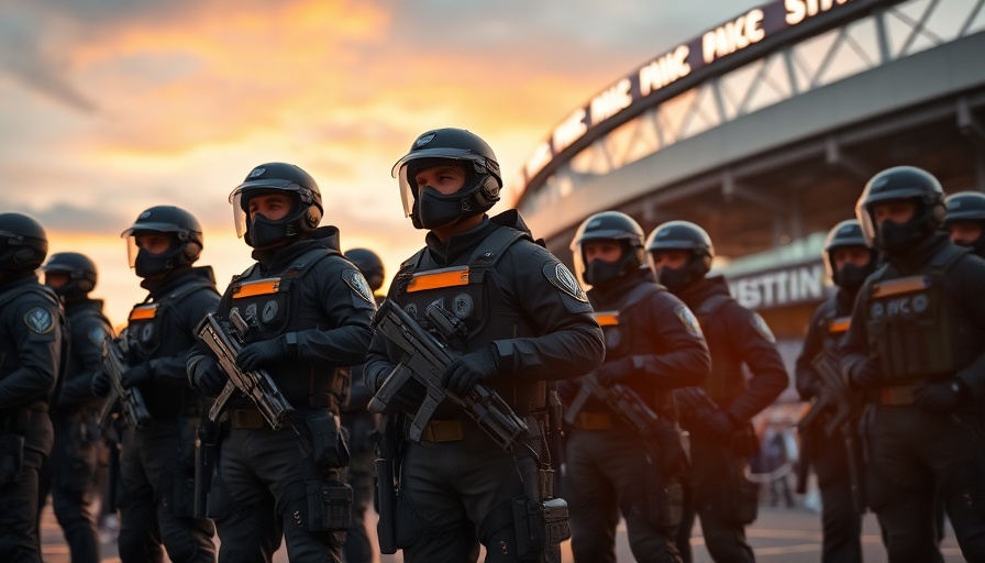 Public safety personnel at NFL Draft in tactical gear outside stadium.