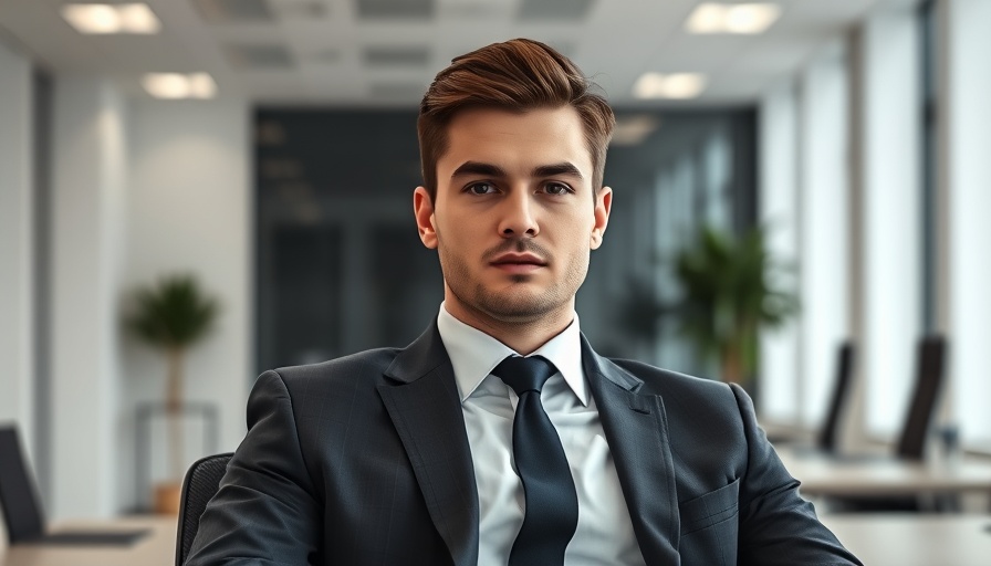Young man sitting in a formal suit during meeting indoors.
