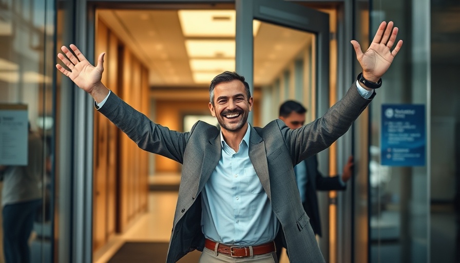 Man smiling with arms raised exiting building for police community relations