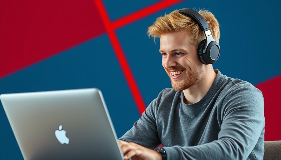 AI agents for marketing concept; man working on laptop with abstract background.