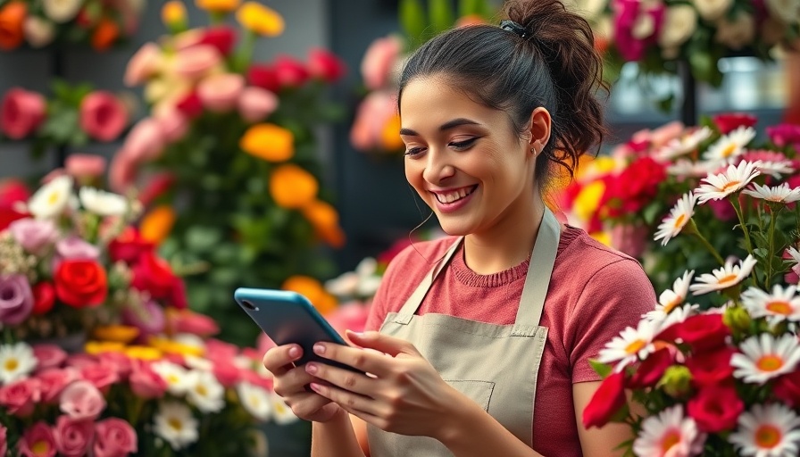 Florist using phone in vibrant flower shop with colorful blooms.