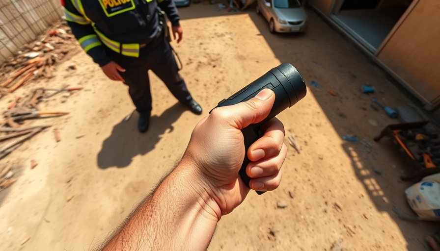 Police officer's perspective using taser, emphasizing safety outdoors.