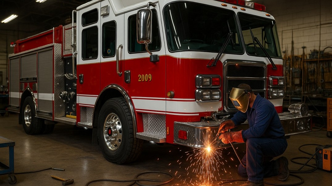A refurbished fire engine is being upgraded in a firehouse garage. Sparks fly from welding, highlighting the red and chrome colors of the engine. The scene is brightly lit, showing tools and equipment in the background, captured with a wide-angle lens