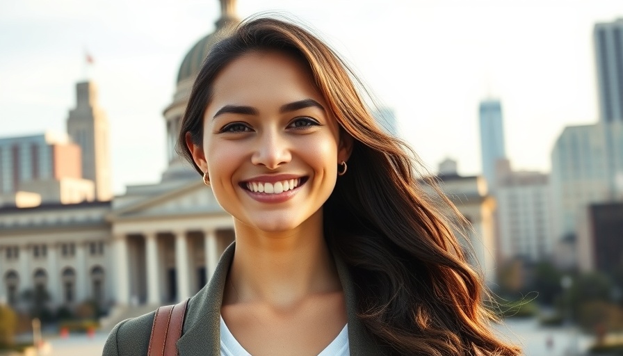 Young woman exuding emotional intelligence in business leadership near a landmark.