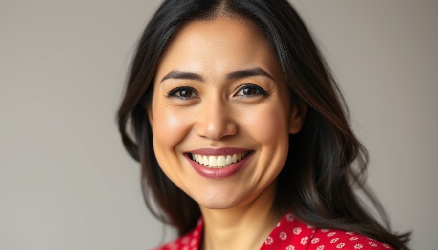 Friendly woman in red blouse smiling, neutral backdrop.