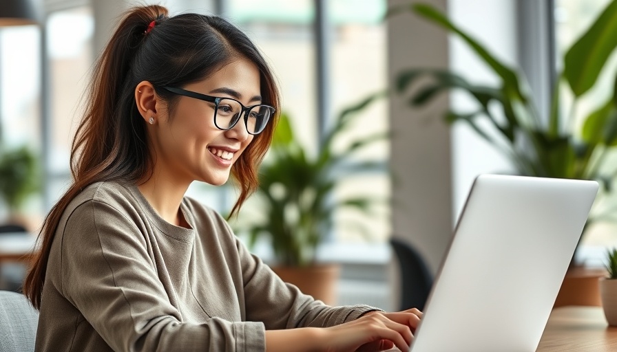 Young woman scheduling LinkedIn posts on a laptop in a bright office.