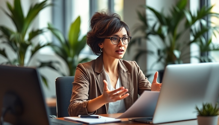 Confident woman sharing strong marketing strategy tips in office.