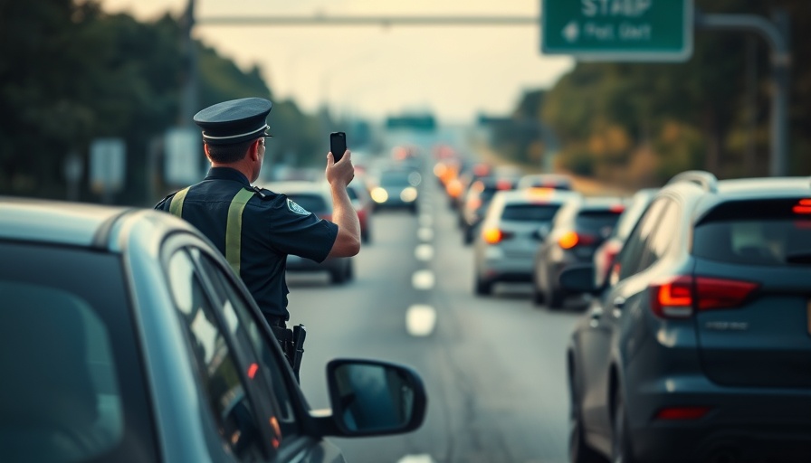 Police officer at traffic stop, busy highway, daylight.