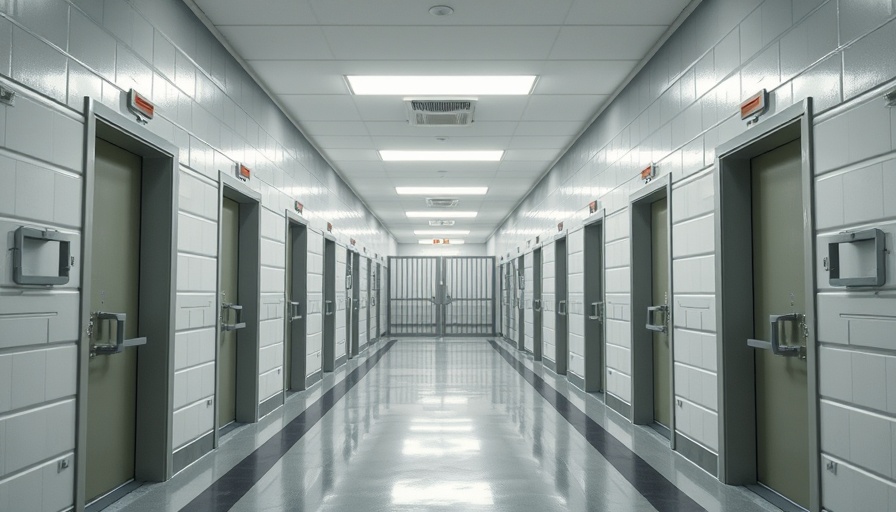 Corridor in a secure institution with reinforced doors and bright lighting, representing law enforcement leadership.